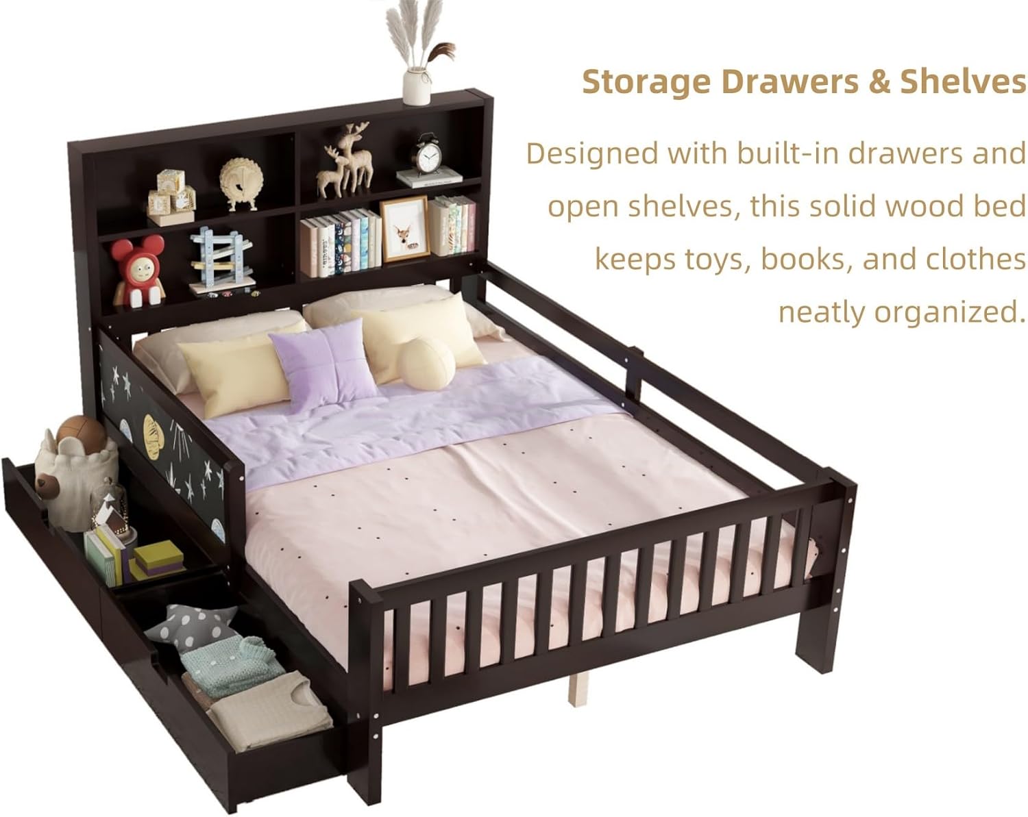 KEIKI Solid Wood kids Full Size Bed Frames with Chalkboard, Storage Drawers, Shelves Headboard & Guardrails, Pine Wood Captain Daybed Platform for Small Room, Bedroom, Guest Room, kids' room, Espresso