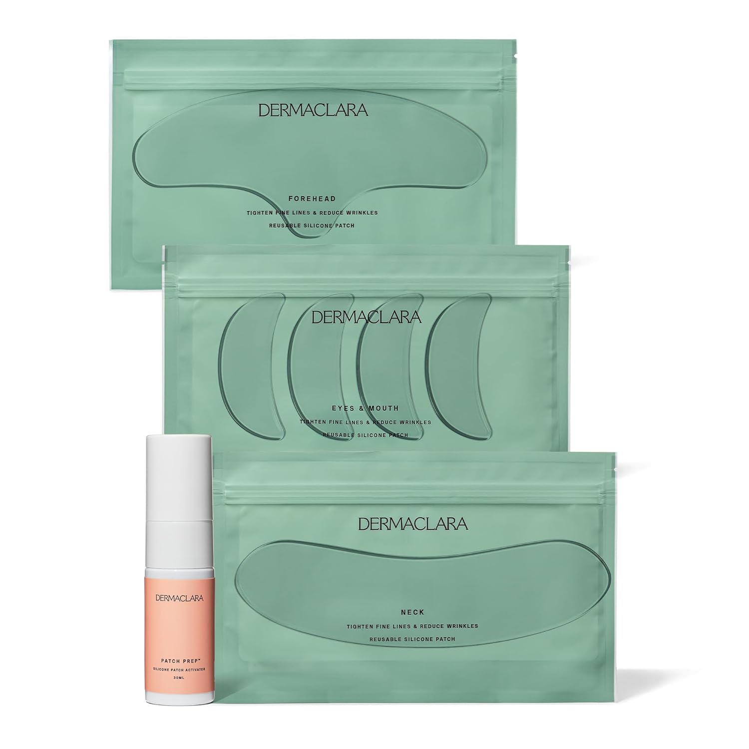 Dermaclara Silicone Patch Face Rejuvenation Kit - Anti-Wrinkle Patches for Forehead, Smile Lines, Silicone Frown Line Treatment, Up to 30 Uses- 1 Forehead, 4 Mouth & Eye, 1 Neck & 1 Cleanser