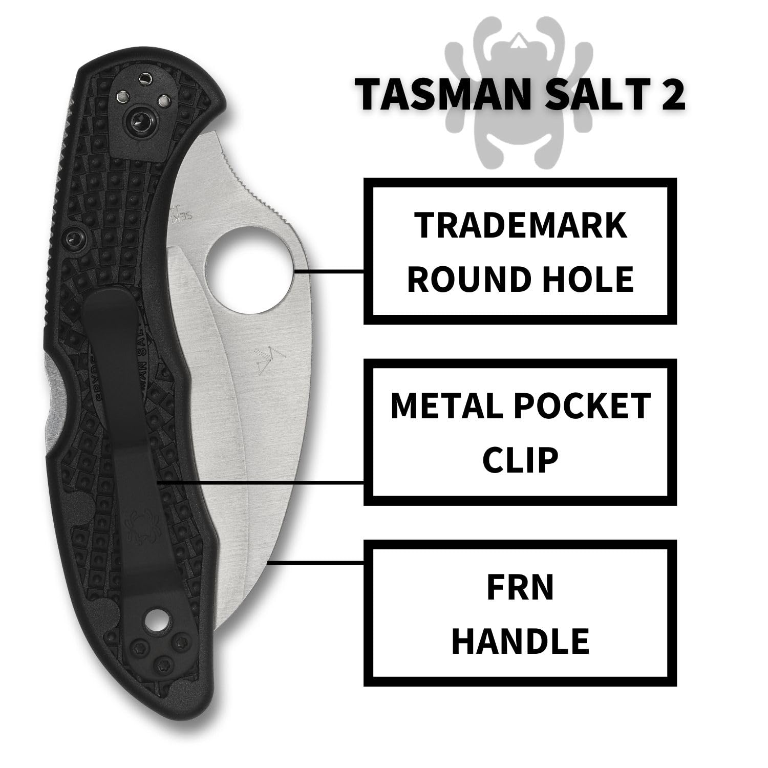 Spyderco Tasman Salt 2 C106PBK2 - Coltello leggero con lama in acciaio H-1 ultra resistente alla corrosione da 7,4 cm e manico nero FRN