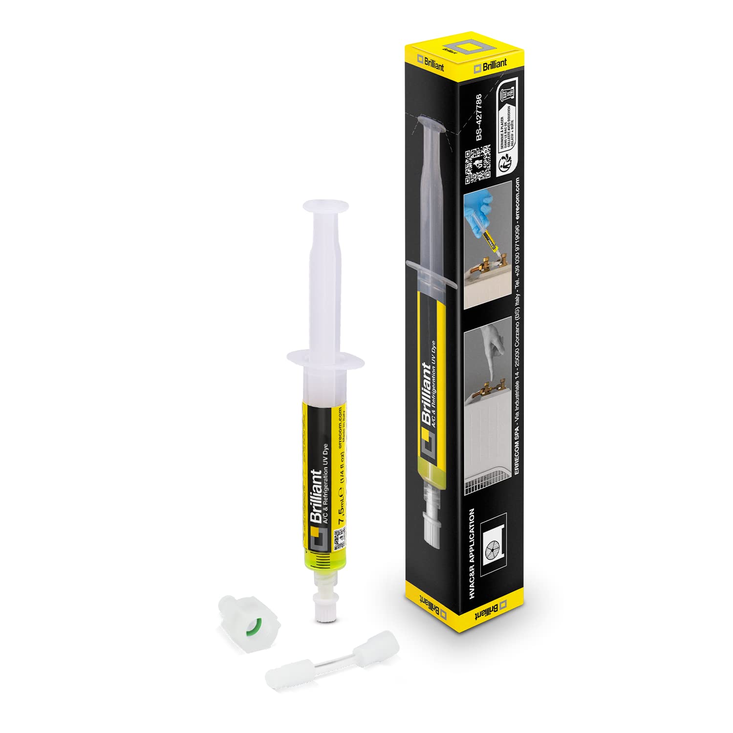 Errecom Brilliant - 7,5 ml Barwnik Fluorescencyjny UV do wykrywania Wycieków Czynnika Chłodniczego w urządzeniach Klimatyzacyjnych i Chłodniczych, w zestawie adapter 5/16 SAE