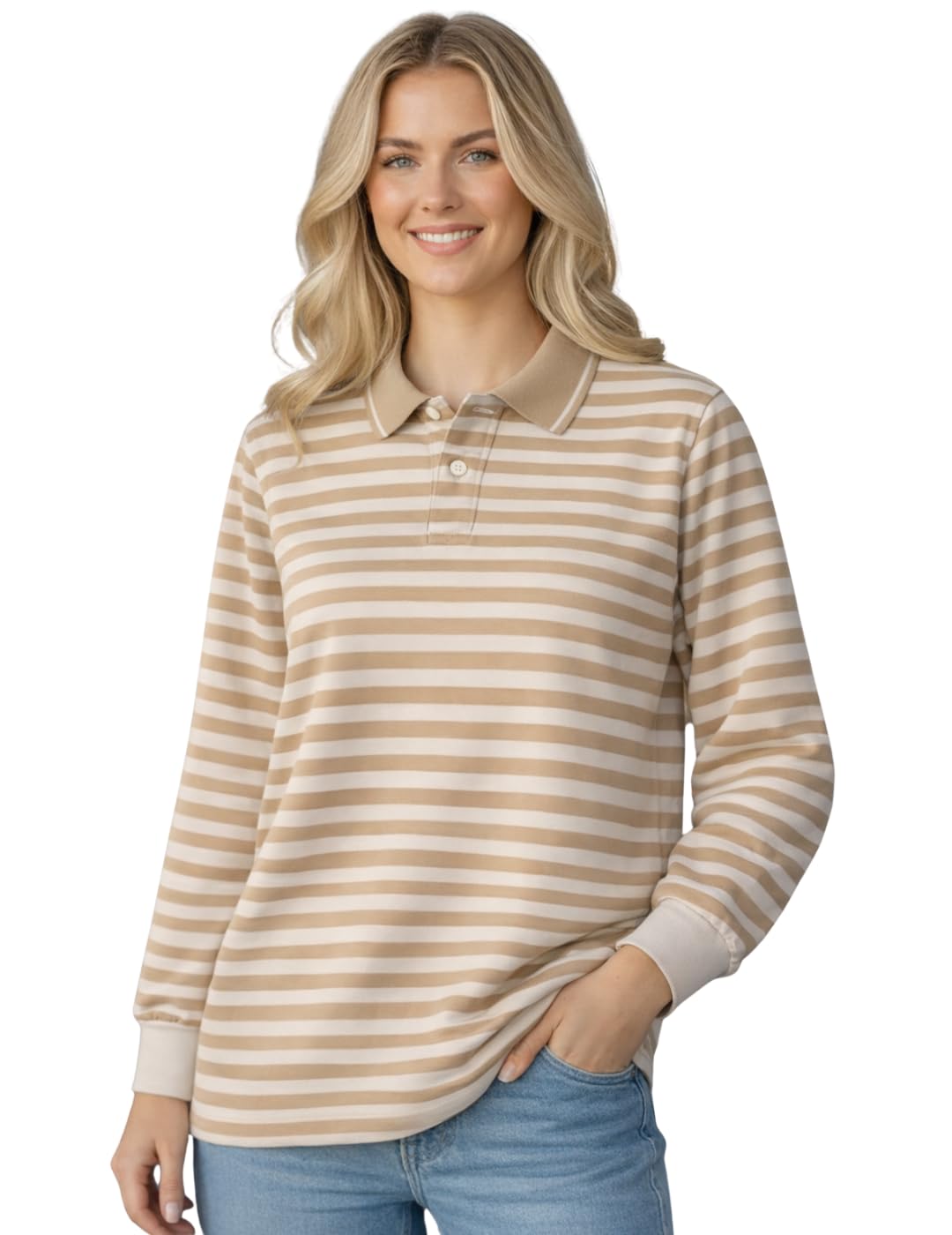 Women’s Striped Polo T-Shirt | Full Sleeves | Collared Casual Cotton Tee | Regular Fit Top-M7713-picture-23