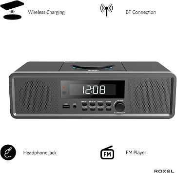 Roxel RCD-330BT All-in-One Compact Mini System with CD Player, USB Playback, FM Radio, BT Streaming, Headphone Jack and Wireless Phone Charging