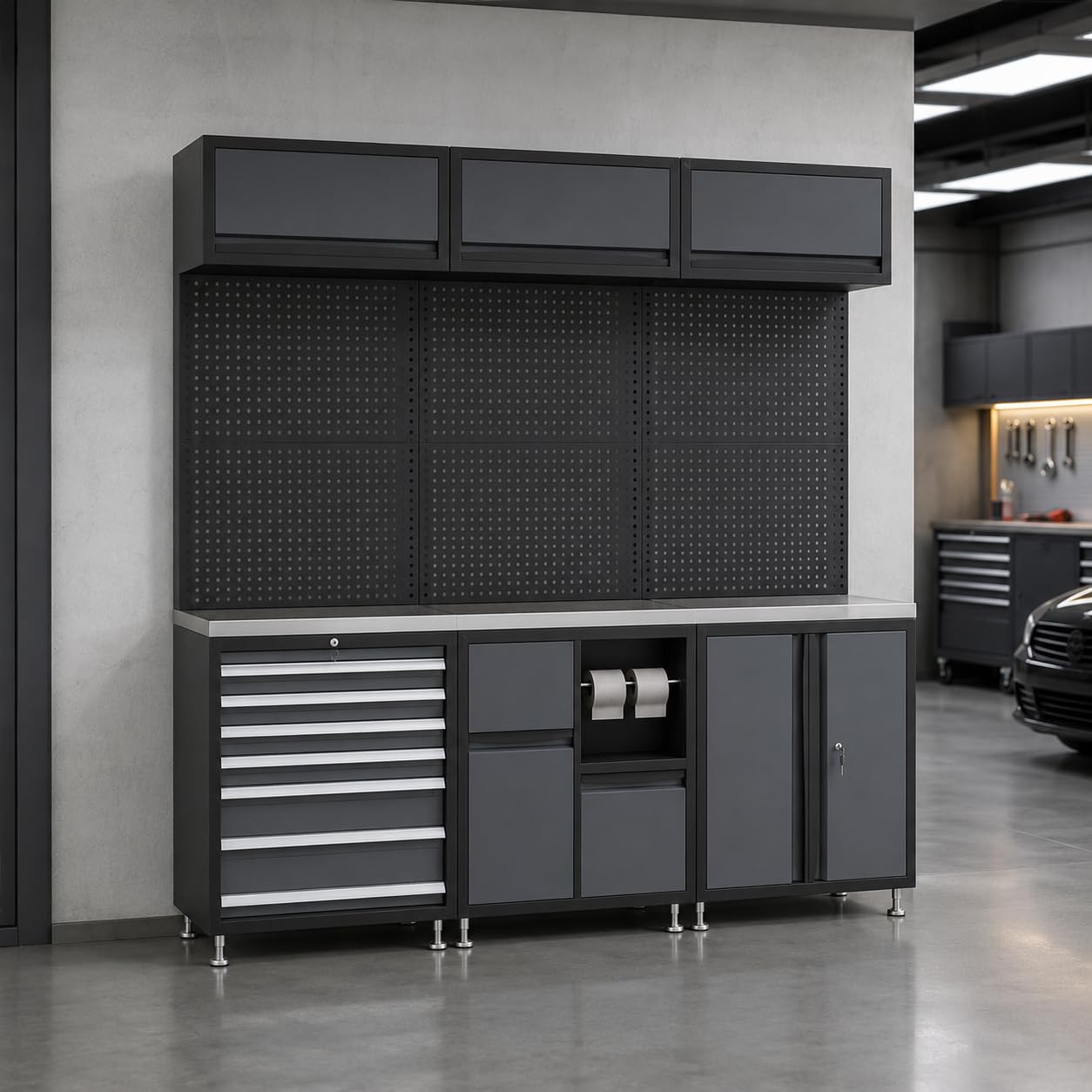 Werkstattschrank Metall, Werkbank mit Schubladen, Werkstatteinrichtung Komplettset, Garagenschrank Aufbewahrung, Kombinationsschrank-06