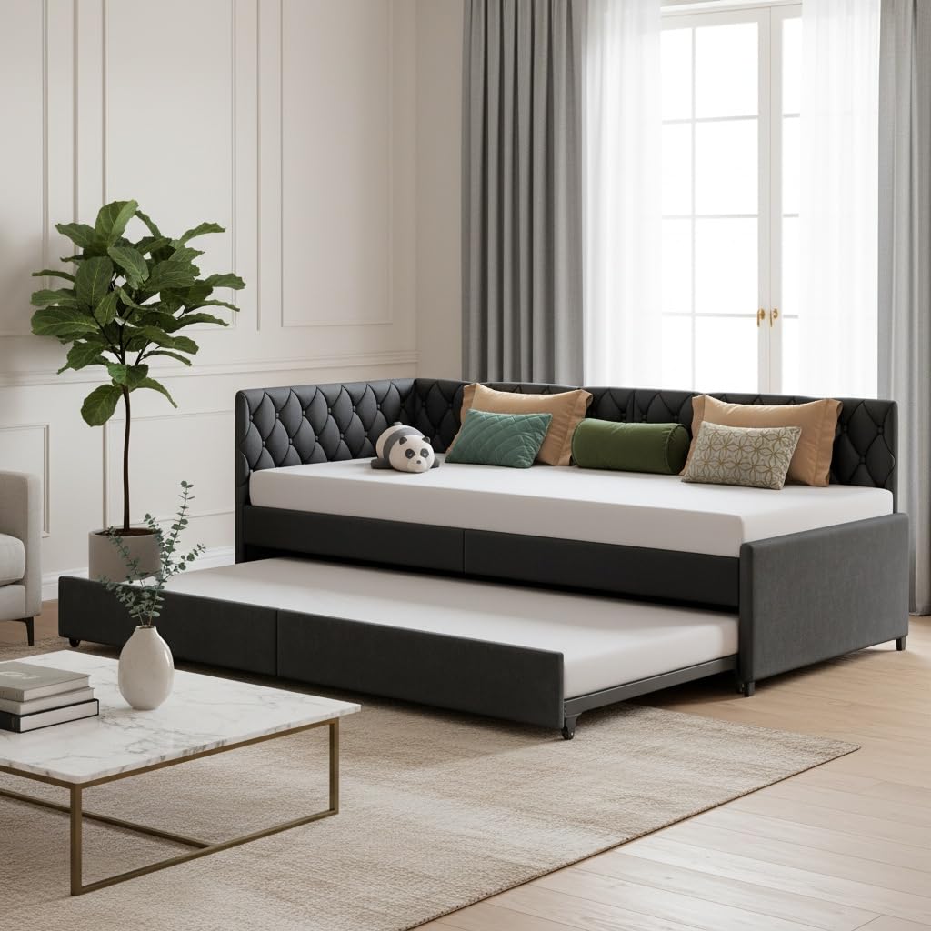 Cama de día extensible con somier de listones de madera, cama tapizada, sofá cama extensible 90/180 x 200 cm, cama individual/doble con somieres, cama multifunción (90 x 200 cm, negro B)