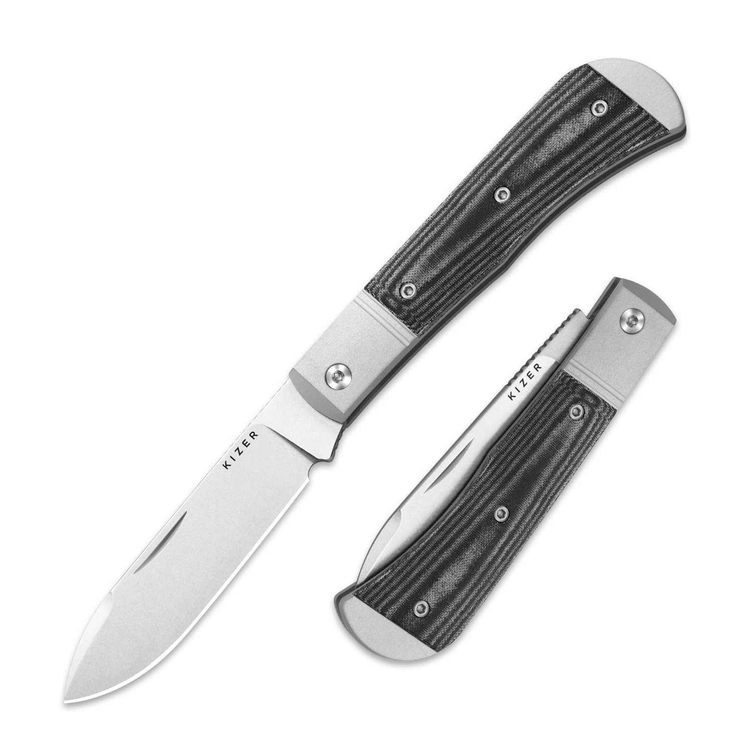 Kizer Trestle D Taschenmesser, 7,5 cm Nitro-V-Klinge und Silber-Aluminium mit Schwarz Norplex UltreX™ Micarta Griff, Kleines EDC Klappmesser, V3760A1