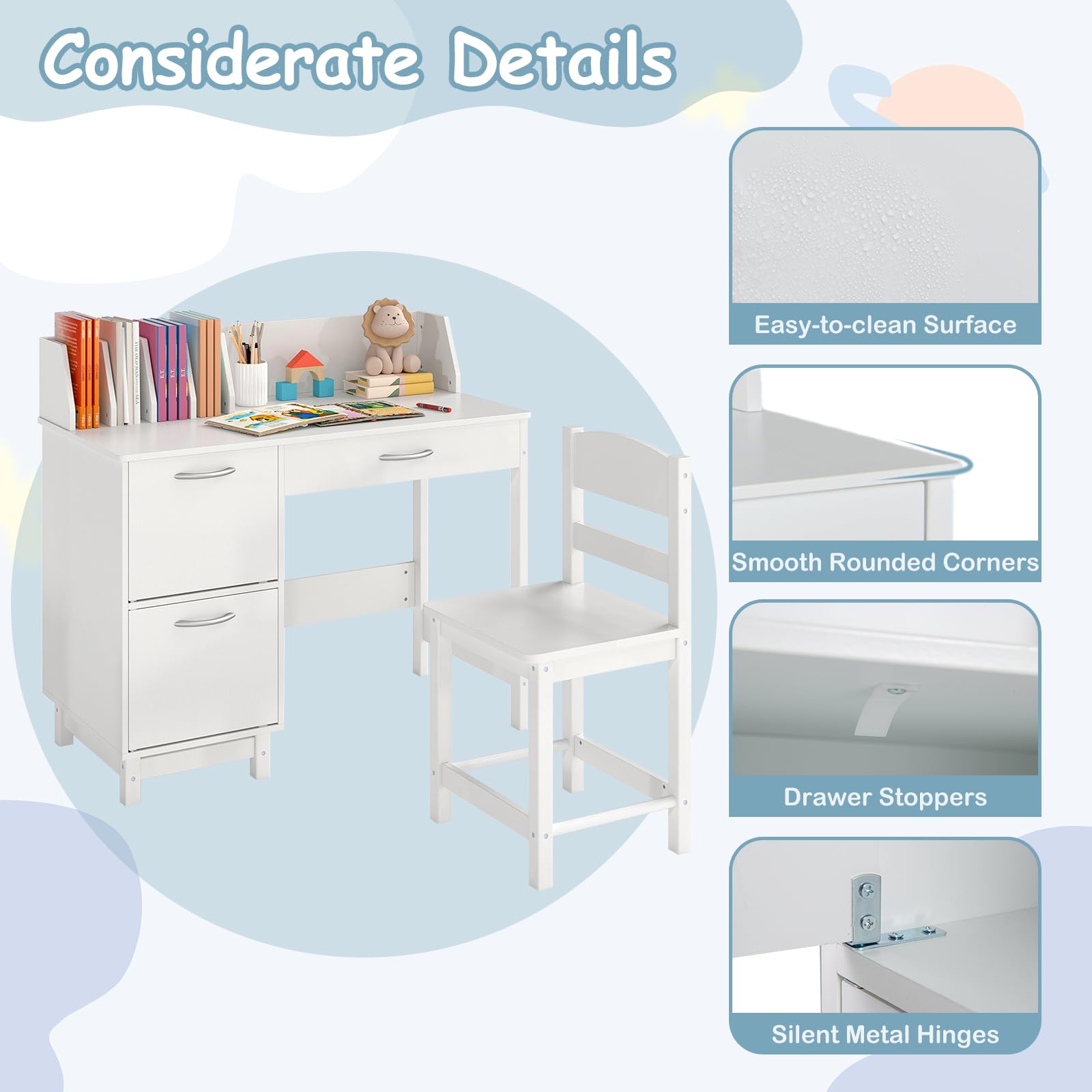 GYMAX Set di scrivania e sedia per bambini, tavolo da studio in legno con 2 armadietti, cassetto, libreria da tavolo e dispositivo anti-ribaltamento, set da scrivania per ragazzi e ragazze (bianco)