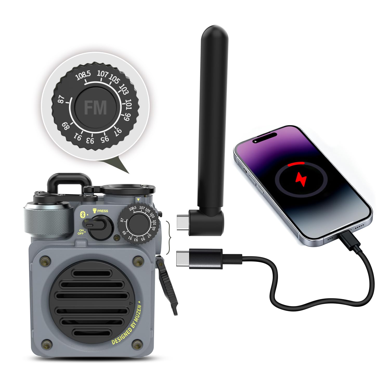 Photo 1 of Muzen Upgraded Wild Mini 3.0 Outdoor Portable Wireless Bluetooth Speaker with FM Radio, Phone Charger/15H Playtime/IPX5 Waterproof/3 Mode Flashlight, Rugged Gear for Man Camping/Hiking/Travel(Gray)