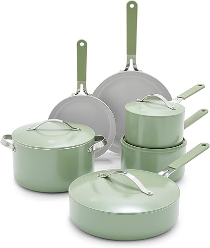 GreenLife Juego de utensilios de cocina de cerámica antiadherente de 10 piezas, ollas y sartenes sin PFAS con tapa, apto para lavavajillas y horno,
