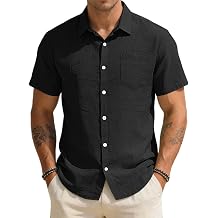 Qekoma Mens Linen Shirt Short Sleeve Casual Button Down Shirts