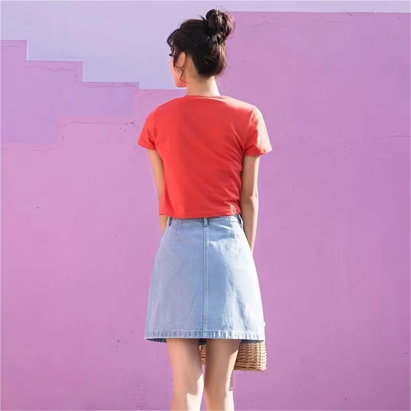 Falda Corta de Mezclilla Acampanada Cintura Alta for Primavera y Verano para Mujer