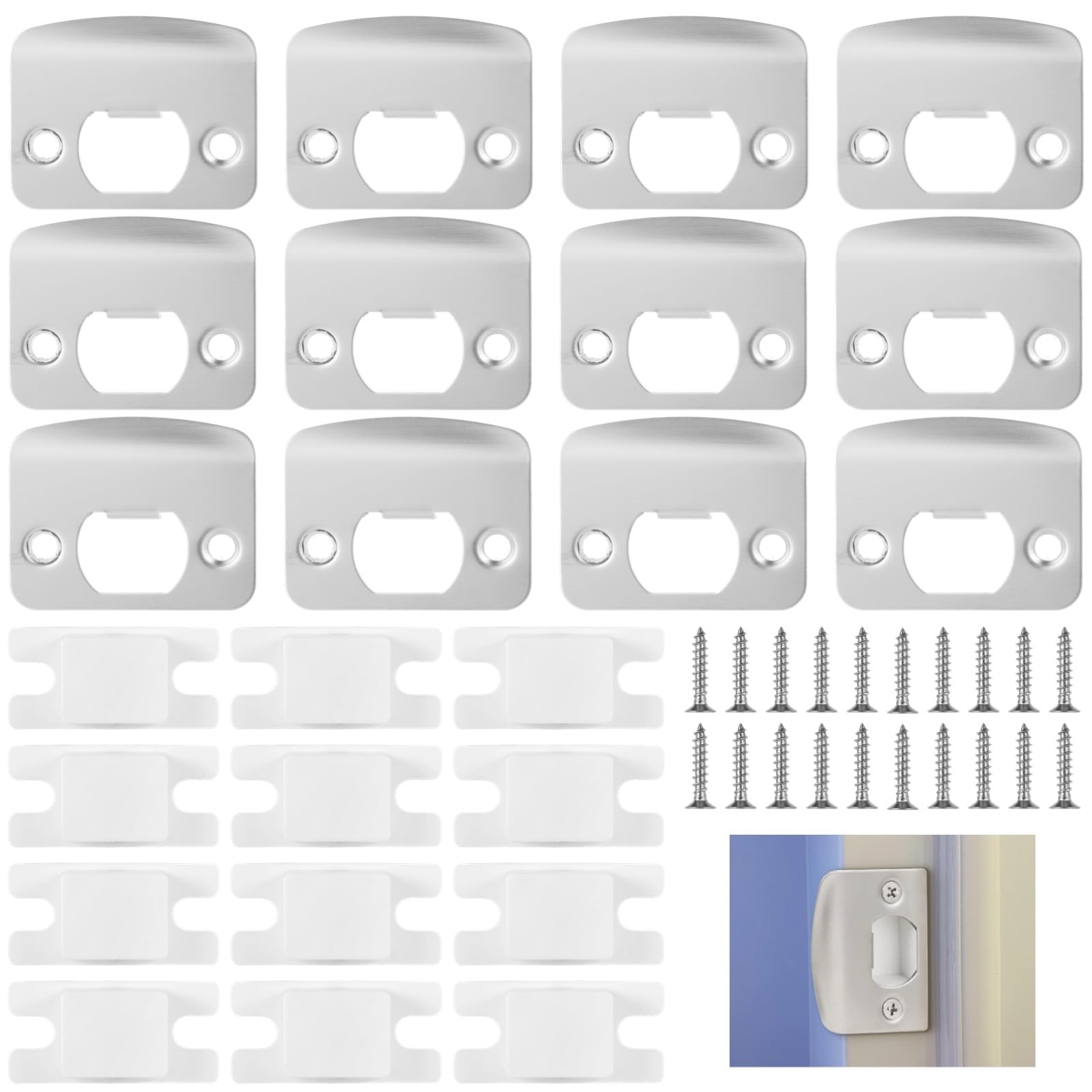 12 pièces plaques de gâche pour porte, plaques de frappe en acier inoxydable pour pêne dormant, coins ronds et profil plein, kit argenté de renfort, adapté aux portes en bois standard