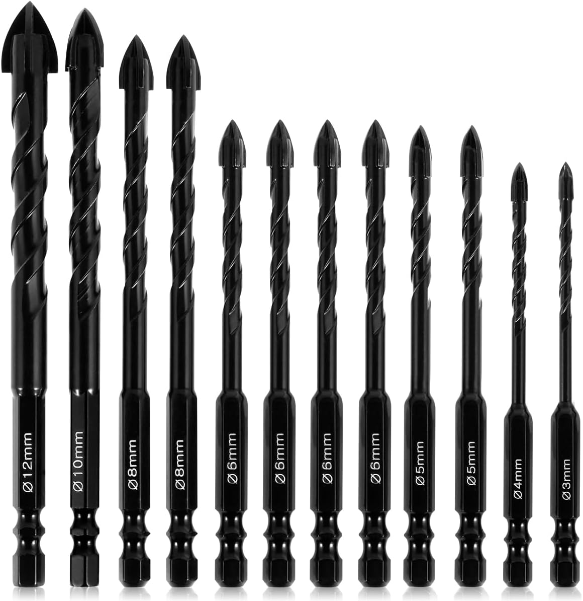 12Pcs Concrete Drill Bit Set Alloy Masonry Drill Bit Set Cross Head Tile Drill Bit 3/4/5/6/8/10/12mm Durable Drilling Hole Bit for Concrete Glass Ceramic Tile Wood Marble