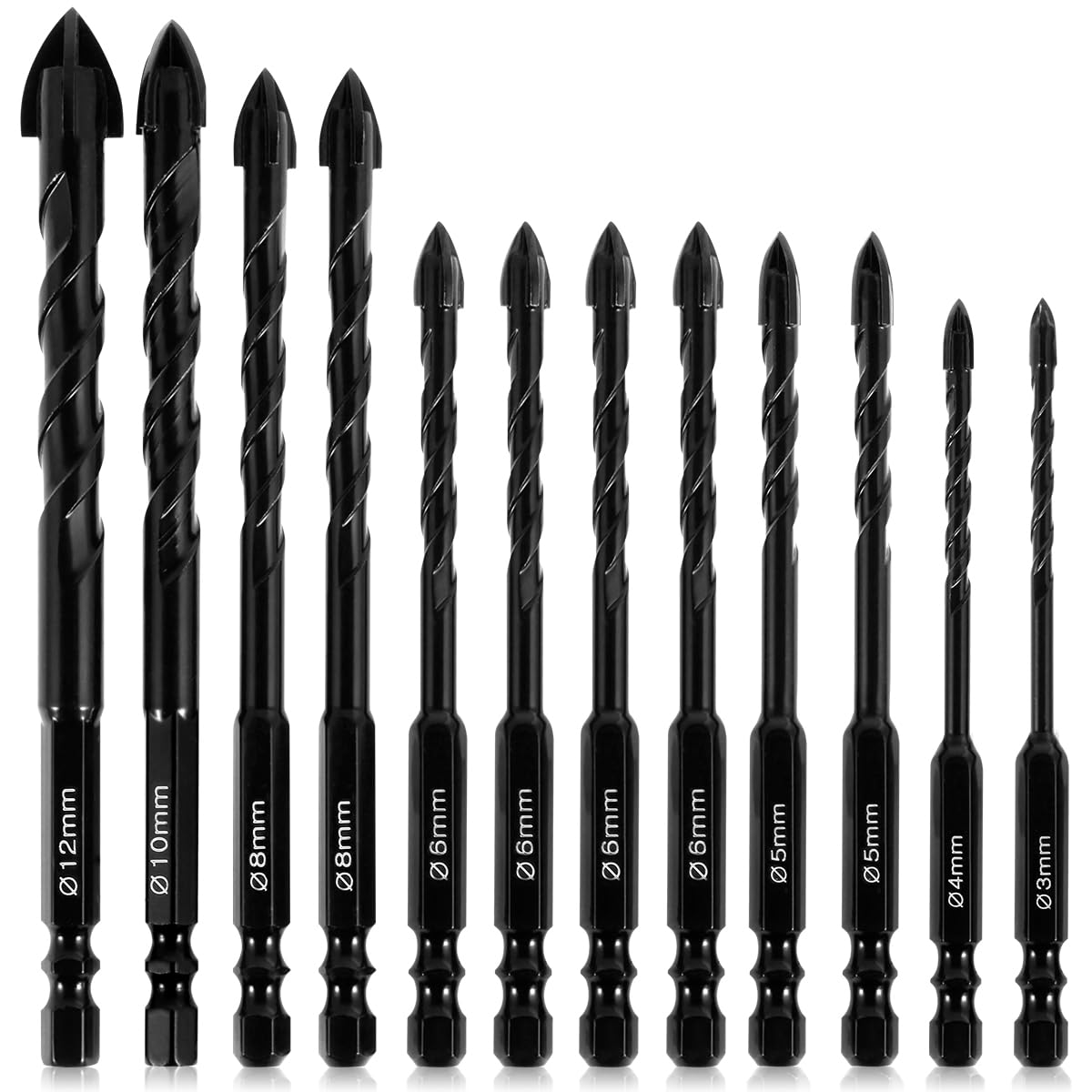 12Pcs Concrete Drill Bit Set Alloy Masonry Drill Bit Set Cross Head Tile Drill Bit 3/4/5/6/8/10/12mm Durable Drilling Hole Bit for Concrete Glass Ceramic Tile Wood Marble