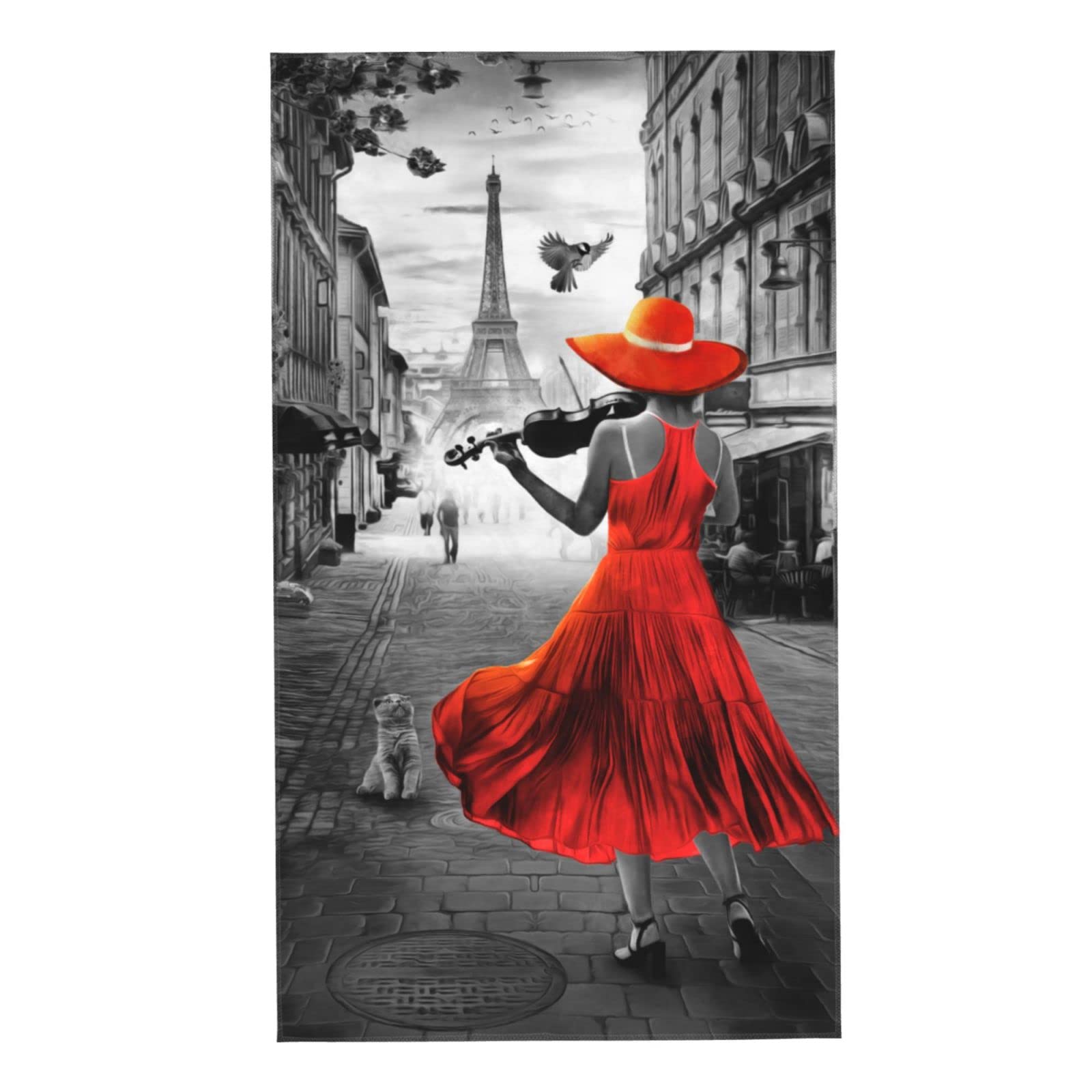 Girl in Red Dress Hand Towels, Gray Background Eiffel Tower Printed Towels for Women Girls Highly Absorbent Quick-Dry Face Towels for Bathroom Kichten Hotel Gym Spa 15.7 x 27.5