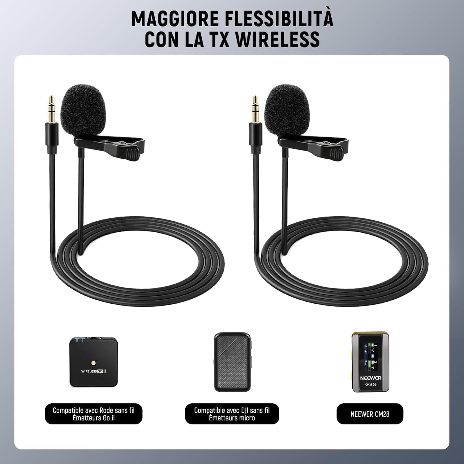 NEEWER Confezione da 2 microfoni Lavalier da bavero Compatibile con DJI Rode Wireless GO II Wireless Pro microfono wireless, 3,5 mm TRS omnidirezionale a condensatore cablato con clip per YouTube Live