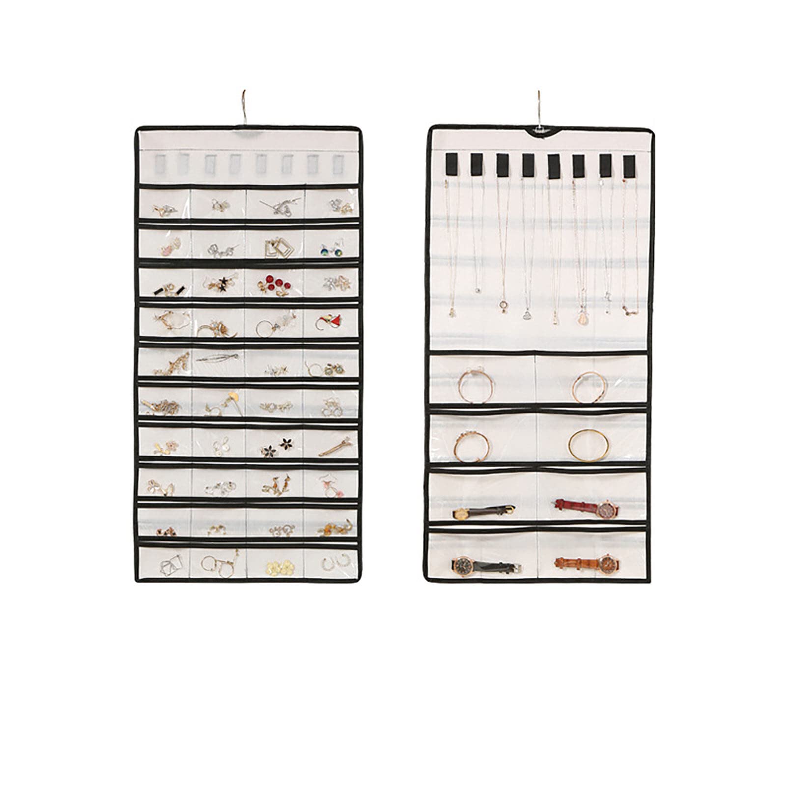 Yuehuamech Dual-sided Jewelry Organizer Hanging Jewellery Display Stand 40 Pockets Wardrobe Storage Holder Bag Jewelry Roll Hanging Bow Storage for Earrings Necklaces Bracelets Rings