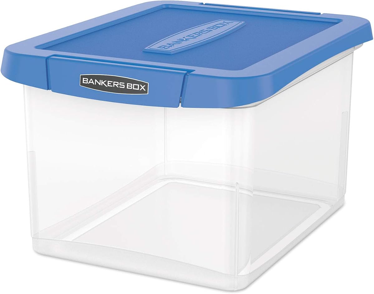 Bankers Box Heavy Duty Plastic File Storage, Letter/Legal Files, 14" X 17.38" X 10.5", Clear/Blue, 2/Pack