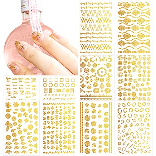 10 Sheets Gold Nail Stickers Decals Lines Letters Rose Henna Moon Stars For Women Girls Acrylic Nail, Aniuvot Metallic Nail Foil Stripe Adhesive Decoration Sheets For F #TOP18