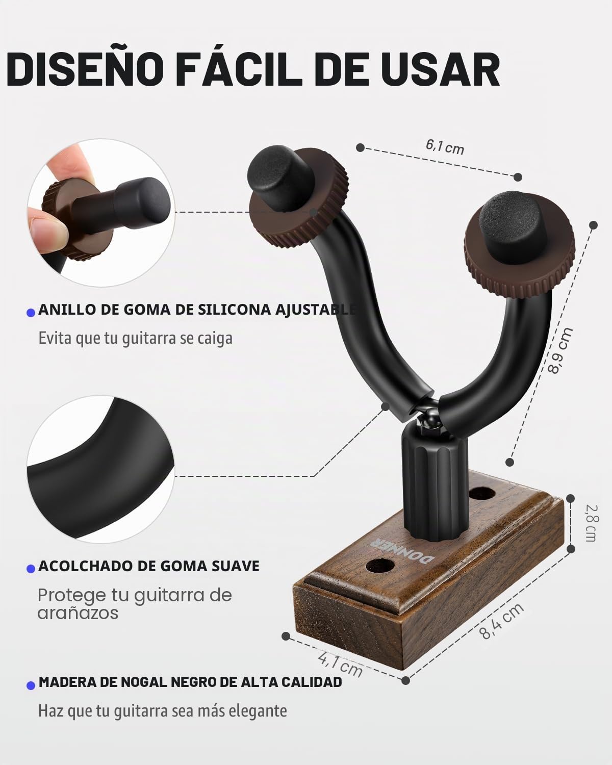Donner Soporte Guitarra Pared, Colgador de Pared para Guitarra, Bajo, Ukelele Folklórico, Violín, Banjo Mandolina y Instrumentos de Cuerdas Base de Nogal, Negro, Pack x 3