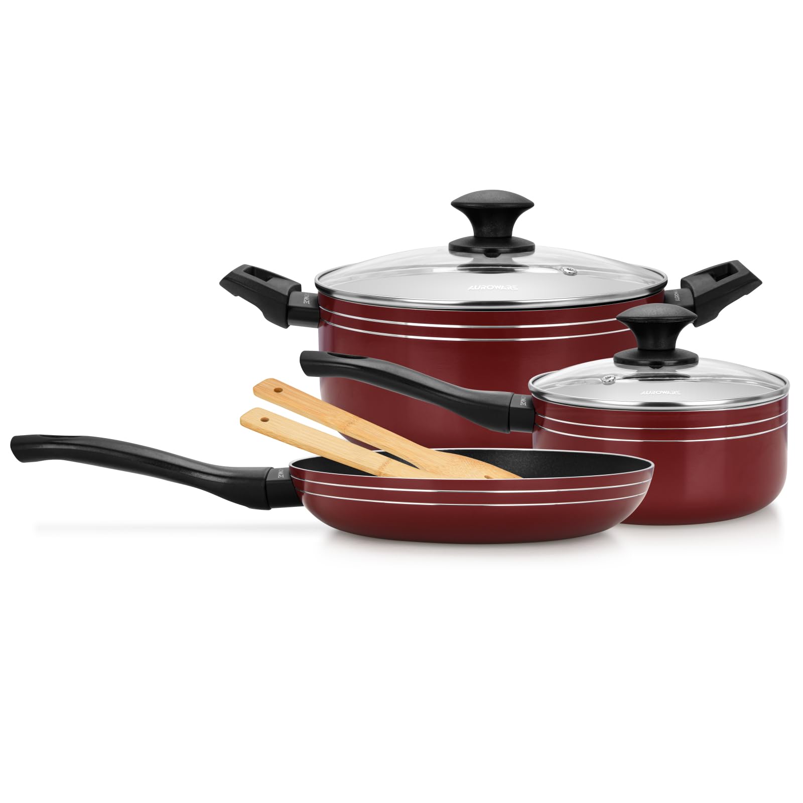 Non stick 7 Pcs Cookware Set Red, Pressed Aluminum, Dishwasher Safe, Induction Bottom, Frying Pan, Casserole & Saucepan with Lid & kitchen tool