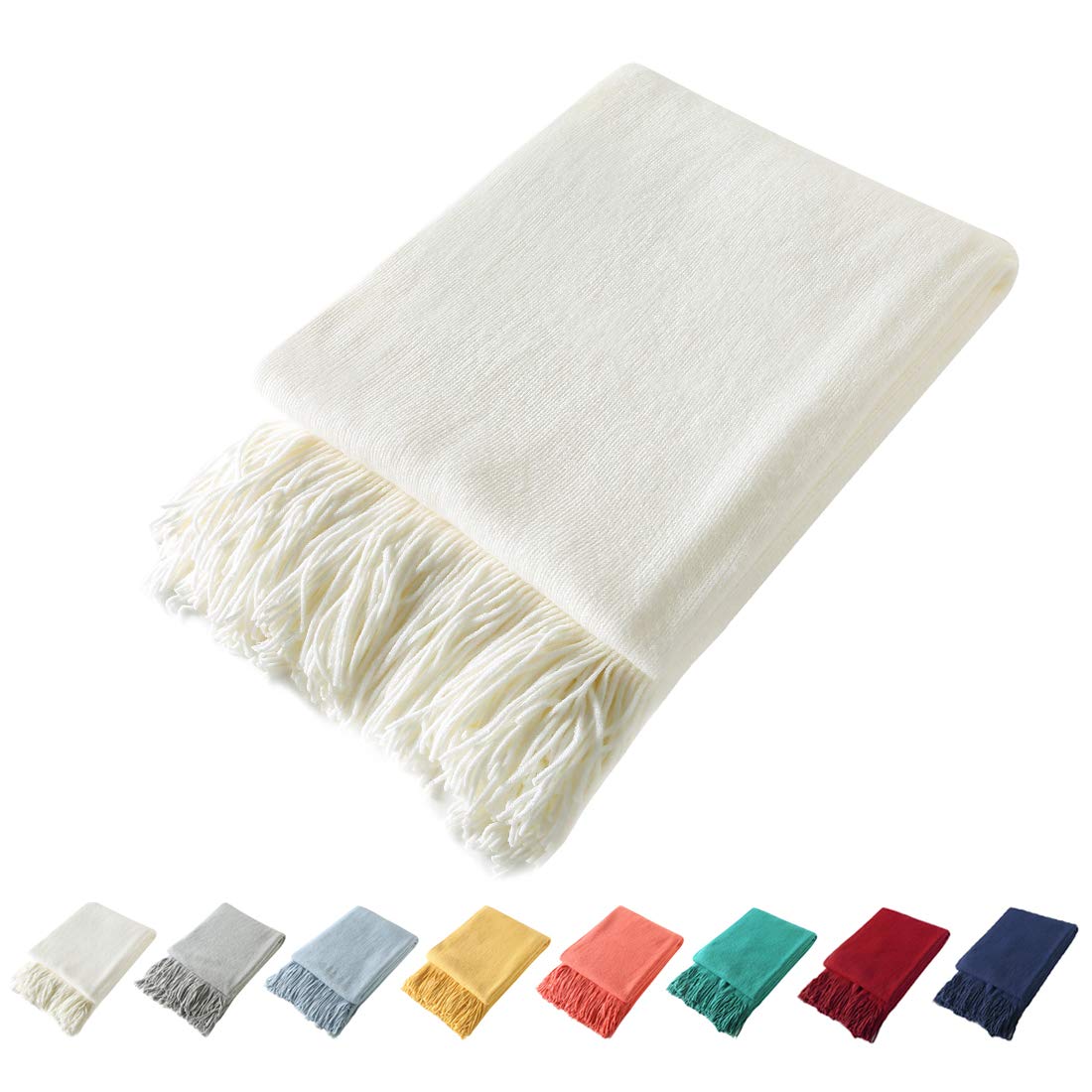 Homiest Decorative Knitted Throw Blanket with Fringe Soft & Cozy Tassel Blanket for Couch Sofa Bed- 50 x 60 (50" x 60", Ivory)