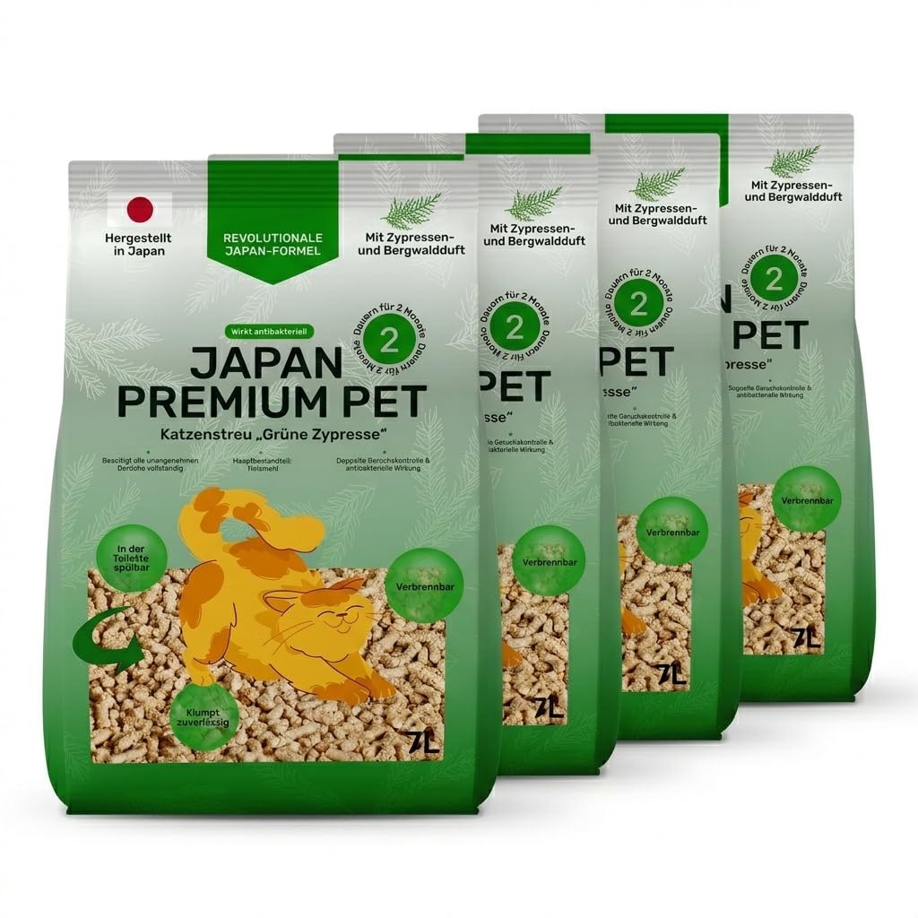 Klumpstreu | 100% Pflanzliche Katzenstreu Staubfrei | Katzenstreu Pellets mit Maximaler Saugfähigkeit | Holzstreu Zypresse (Bergwaldduft) | (4x7L)