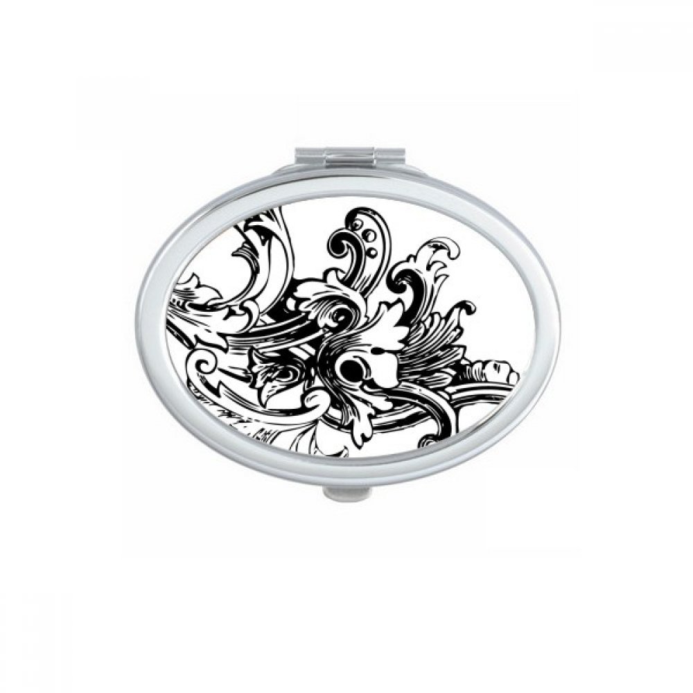 Miroir compact maquillage ovale avec illustration fleur feuille art noir et blanc