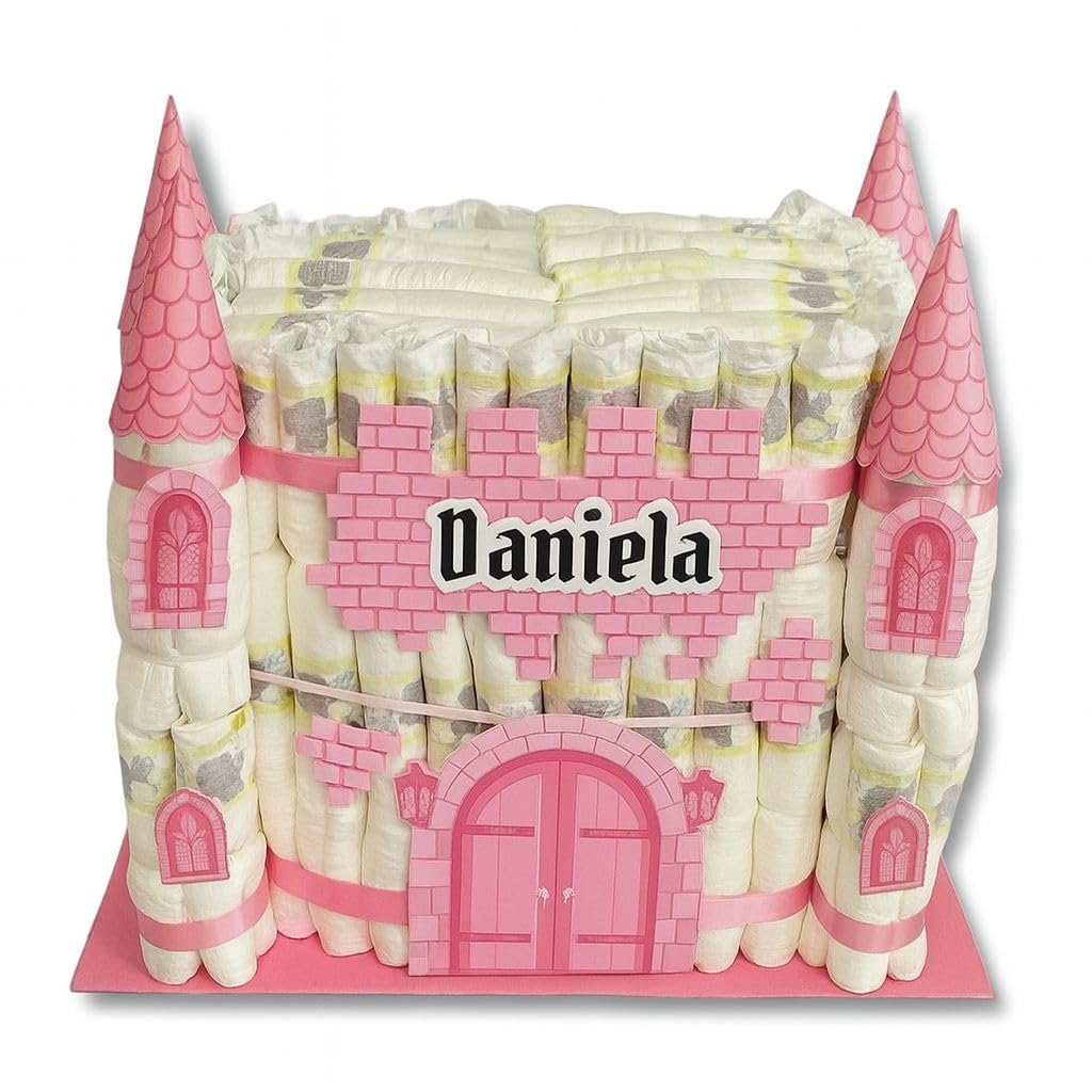 CASTILLO DE PAÑALES con 170 pañales - Regalos para recién nacido - Baby shower - Regalo para bebés - Regalos con pañales - TARTAS DE PAÑALES Y MÁS (ROSA)