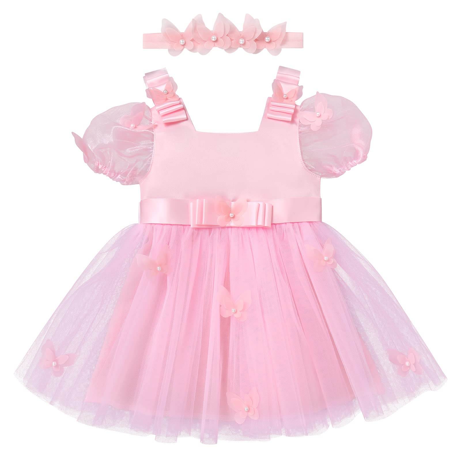 IMEKIS Bébé Fille Robe florale à manches courtes Bowknot Princesse Tulle avec bandeau Anniversaire séance photo tenue de mariage baptême fête vêtements ensemble, Rose, 6-12 mois