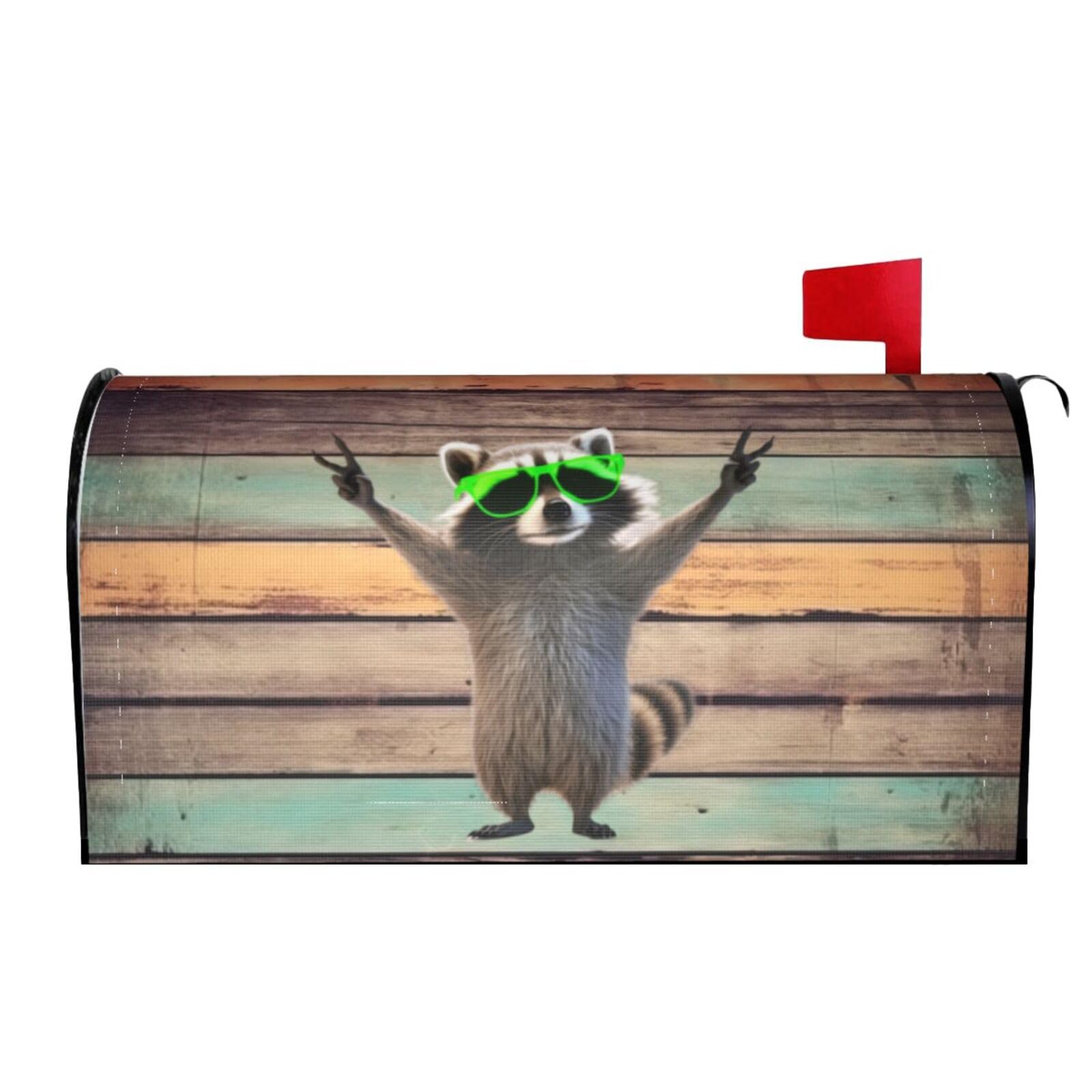 Vintage Old Wooden Texture Funny Raccoon Green Sunglasses 04 Mailbox Covers Magnetic Wraps Post Letter Box Cover Garden Home Decor