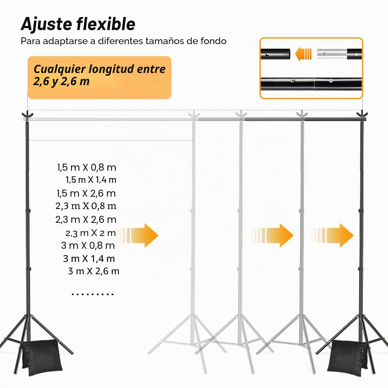 Kit de Soporte de Estante de Fondo Ajustable de 2.6x3 Metros para Retrato con 3 Clips, fotografía de Productos y Grabación de Video, con Bolsa de Lona portátil