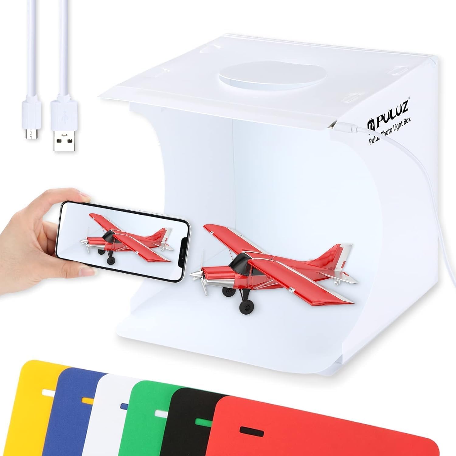 PULUZ Mini Photo Studio Box, 20cm Portable Photography Shooting Light Tent Kit, White Folding Lighting Softbox with 20 LED Lights + 6 Backdrops for Product Display