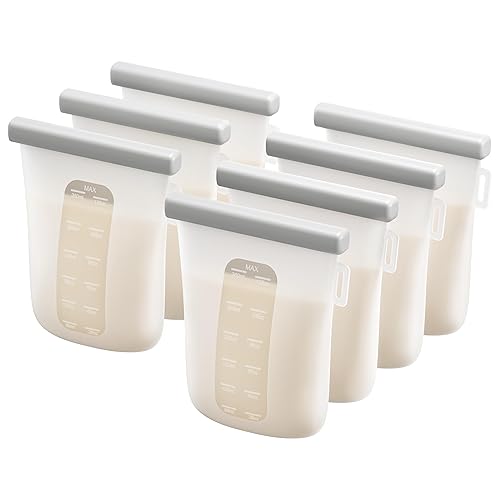 Nuliie 7 bolsas reutilizables de silicona para almacenamiento de leche materna, bolsas de leche materna a prueba de fugas dobles de 12 onzas, bolsas