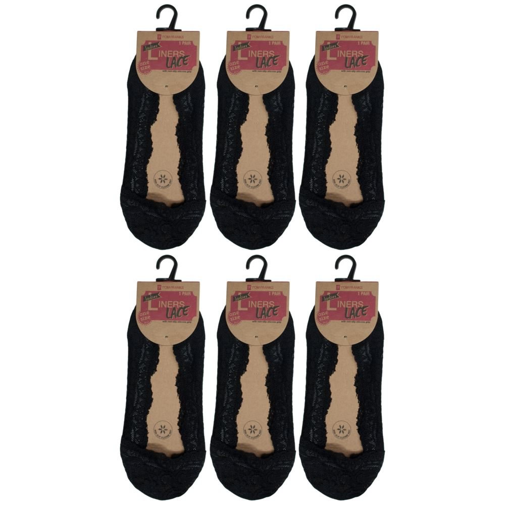 Style It Up Women's 6 Pairs - Black Lace Footsies Thin Socks Invisible Shoe Liners Skin Nude Black
