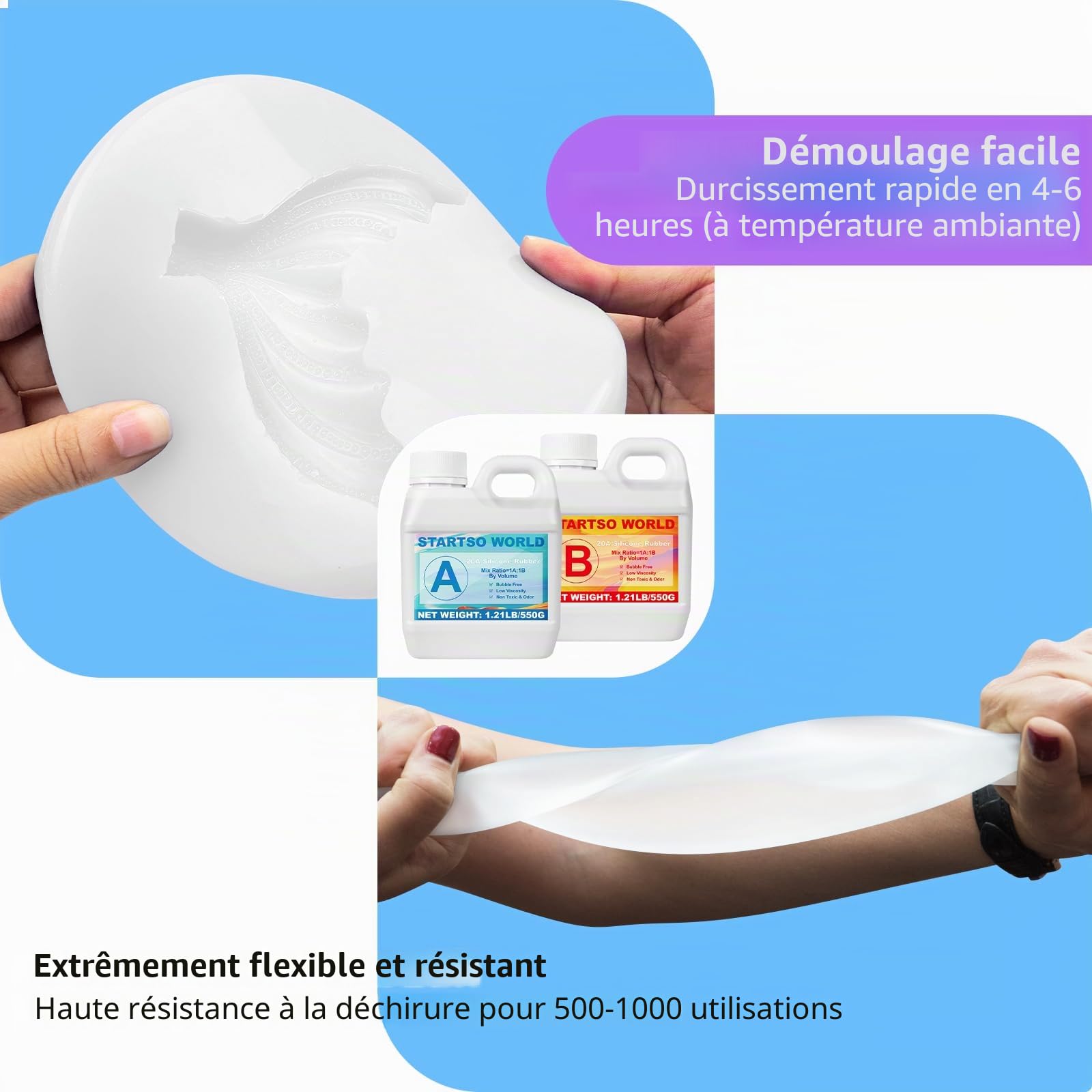 Silicone pour Moulage 20A, 1L Caoutchouc de Silicone Liquide pour Moulage Transparent, Prise Rapide, Non-Toxique, Idéal pour la coule de résines, moules, cire, plâtre