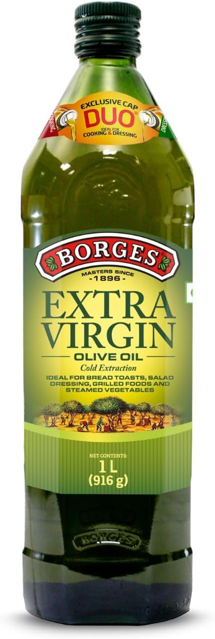 Extra Virgin Olive Oil - 1L Glass |Unrefined & Cold Pressed Oil|Packed in Spain |75% MUFA | Rich in Antioxidants | Ideal For low heat cooking like sauteing & grilling, salad dressing