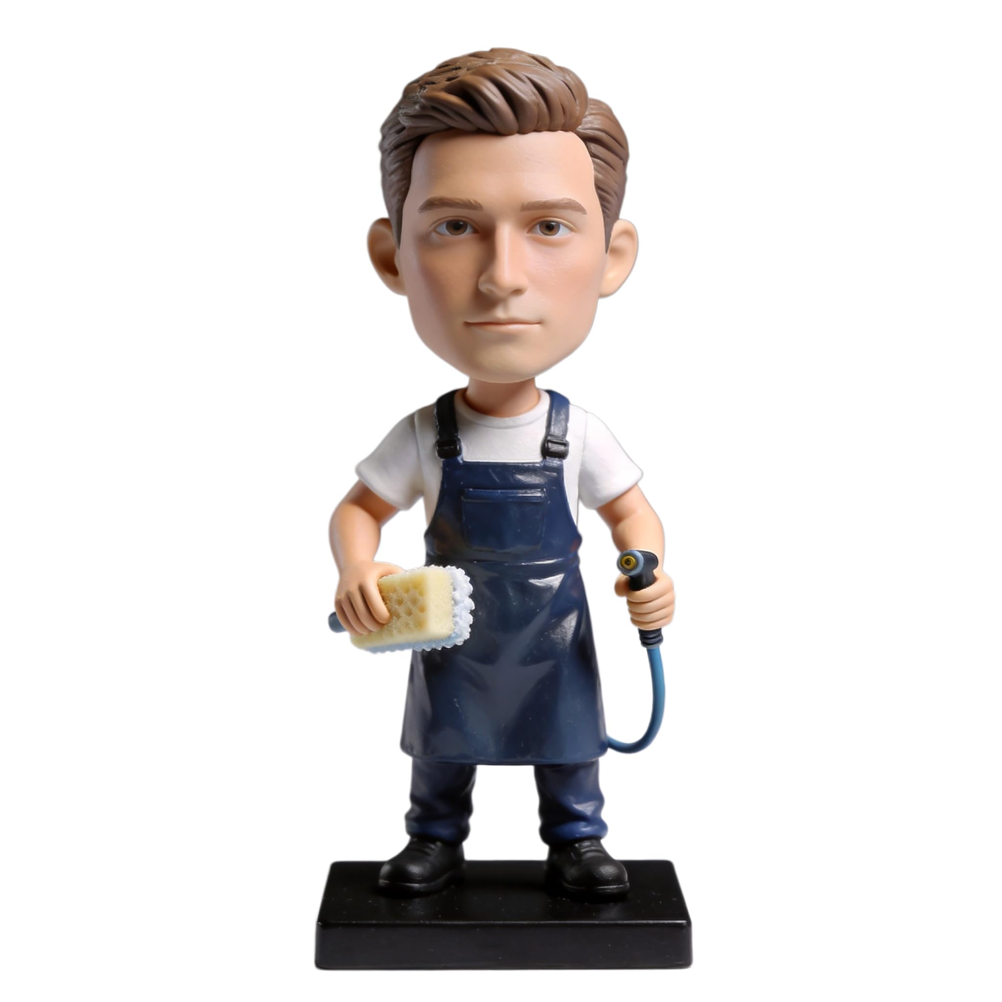 Personalisierter Autowäscher Wackelkopf nach Foto, Handgefertigte Polyresin Bobblehead Figur mit Waschschwamm & Spritzpistole, Originelles Geschenk für Autopfleger zum Geburtstag