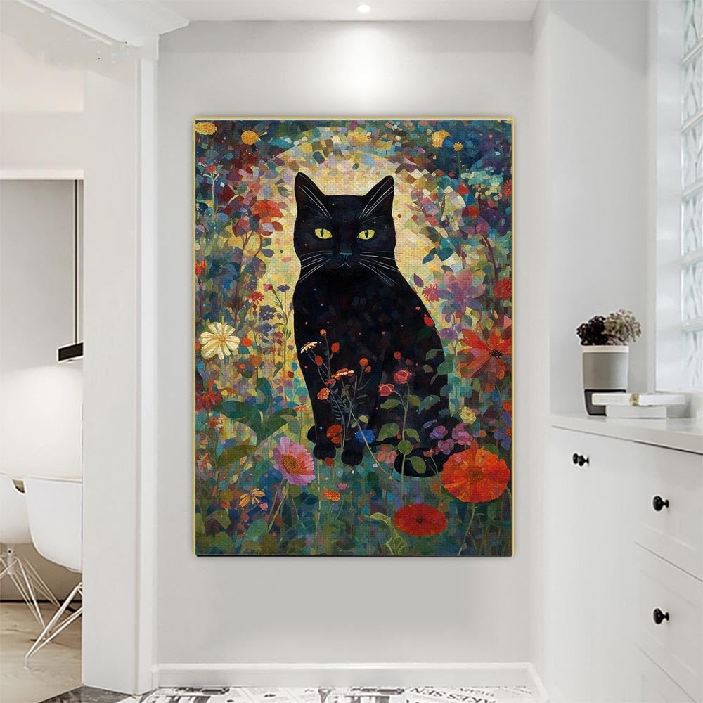Amazon.co.jp: 有名なグスタフクリムト猫のポスターとプリント黒猫の花