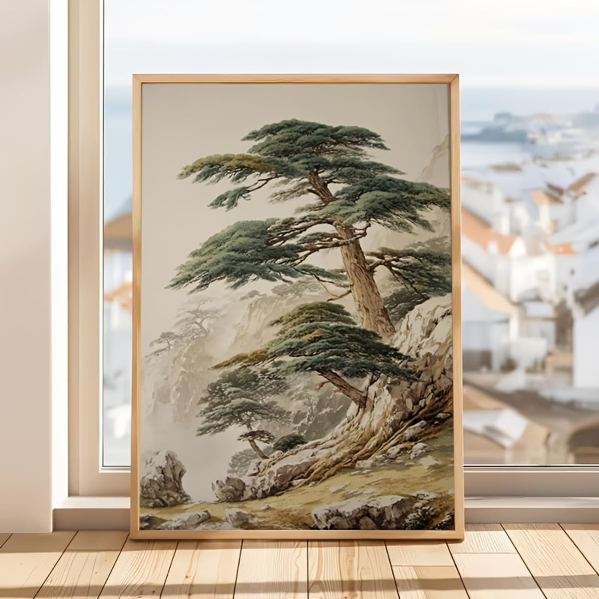IXEHOH Quadro su Tela Pino Tradizionale Paesaggio Montano Giapponese Grandi Stampe su Tela Moderne Astratte per Soggiorno Toni Neutri Arredamento Minimalista Quadro Verticale 80x120cm