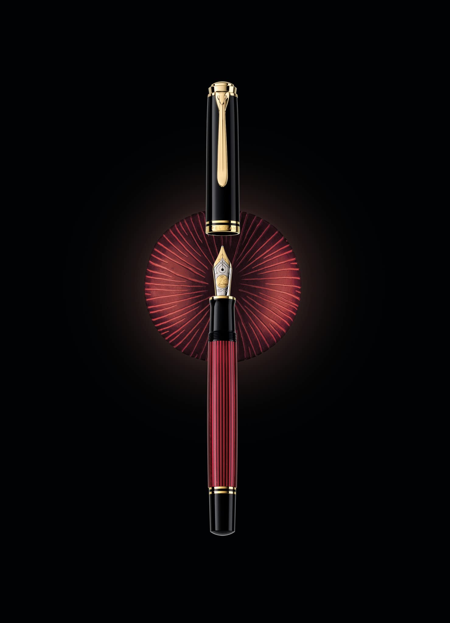 Pelikan Souverän M800 Füllhalter – Schwarz-Rot, 18K Goldfeder B (breit), Kolbenfüller Im Geschenketui