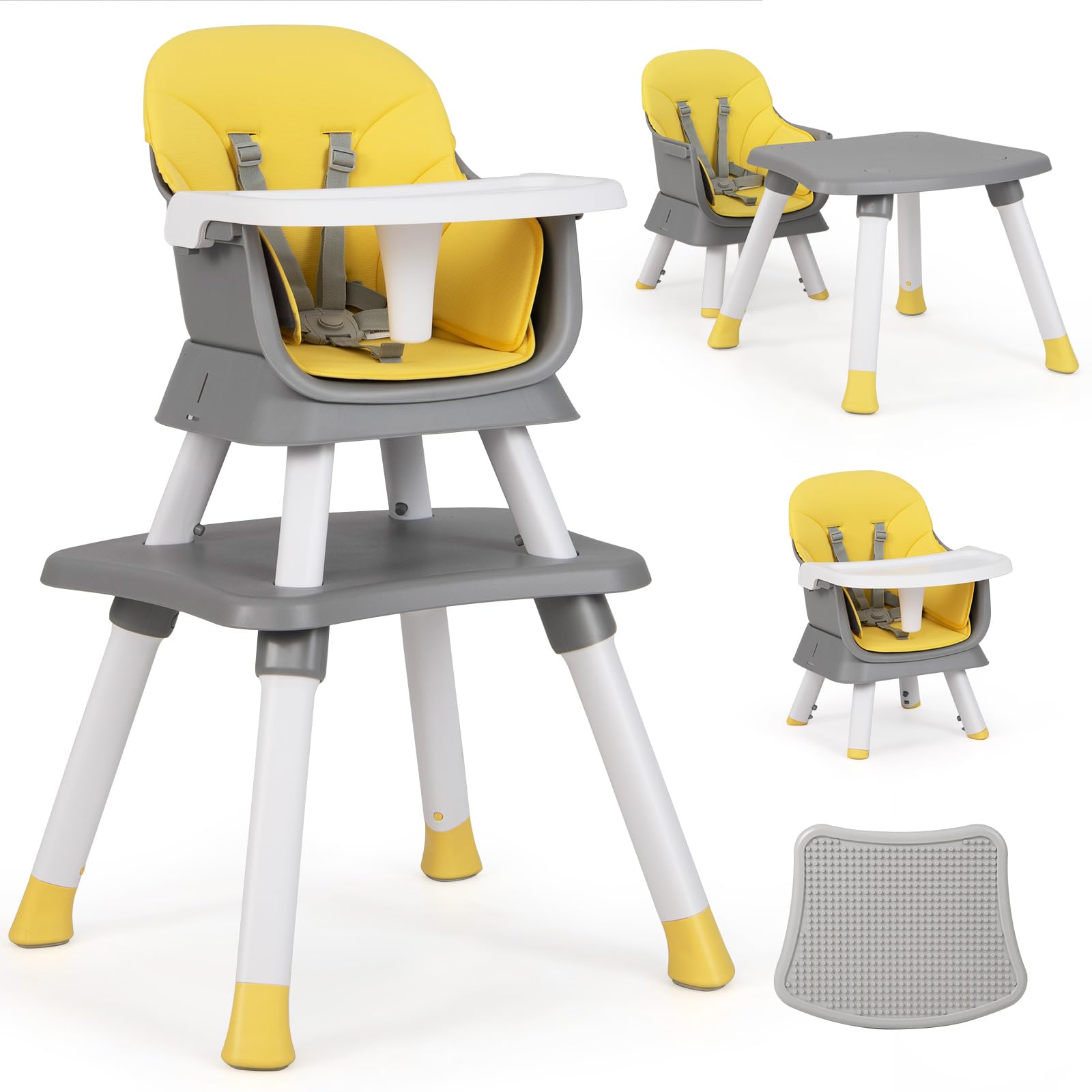 COSTWAY Silla Alta Bebés, Trona Evolutiva Portátil, Silla de Alimentación 5 Puntos, Bandeja y Cojín Desmontables (Amarillo)