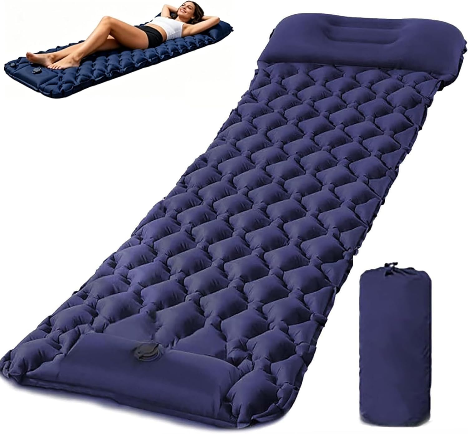 Self Inflating Sleeping Pad portable lounge mat with built in foot pump lightweight durable air mattress foldable travel bed for camping backpacking hiking car tent outdoor rest (Navy blue)
