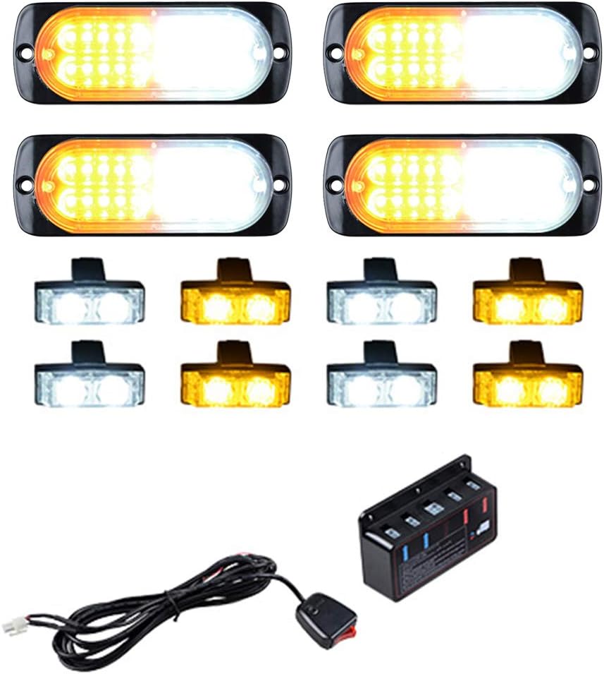 Astra Depot Set 4X Amber White Ultra-thin Slim 20-LED Surface Mount and 4pcs White 4pcs Amber 2-LED Waterproof Emergency Beacon Warning Hazard Flash Strobe Light Bar