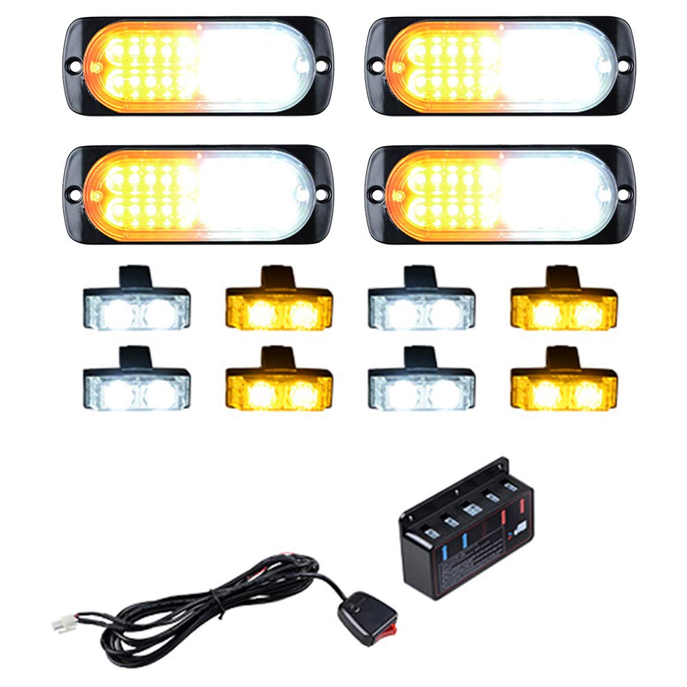 Astra Depot Set 4X Amber White Ultra-thin Slim 20-LED Surface Mount and 4pcs White 4pcs Amber 2-LED Waterproof Emergency Beacon Warning Hazard Flash Strobe Light Bar