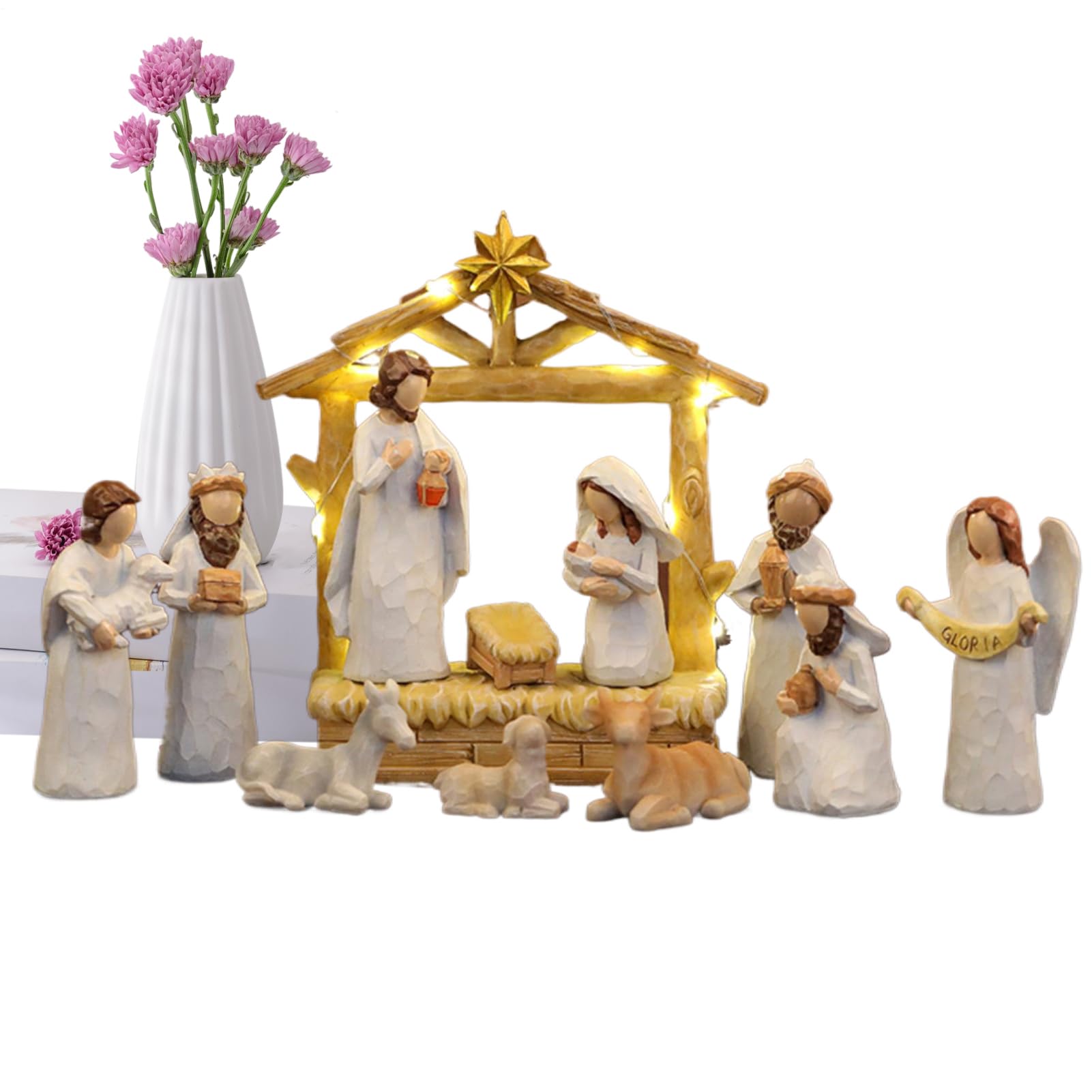 Crèche de Noël - Crèche en Résine avec Étable - Décoration Maison pour Bureau Cheminée Chambre Appartement | Décoration Étable De Noël Maison École Anniversaire Action De Grâces