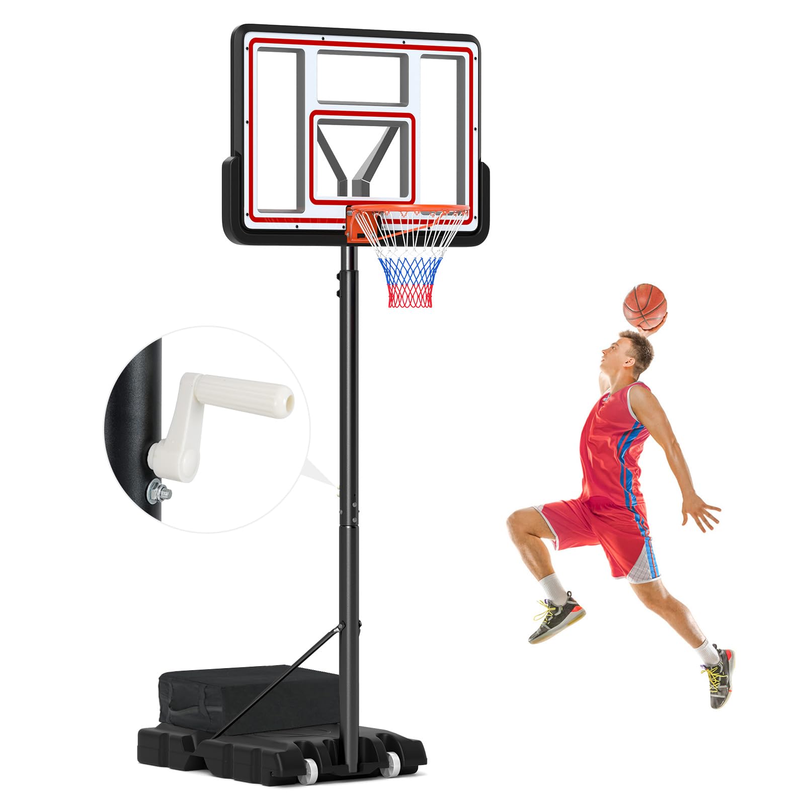 GYMAX Basketball Hoop, 7.4-10 FT Single Hand Rotation Adjustable Basketball Goal with 44” PC Backboard, Fillable Base & Weight Bag, Portable