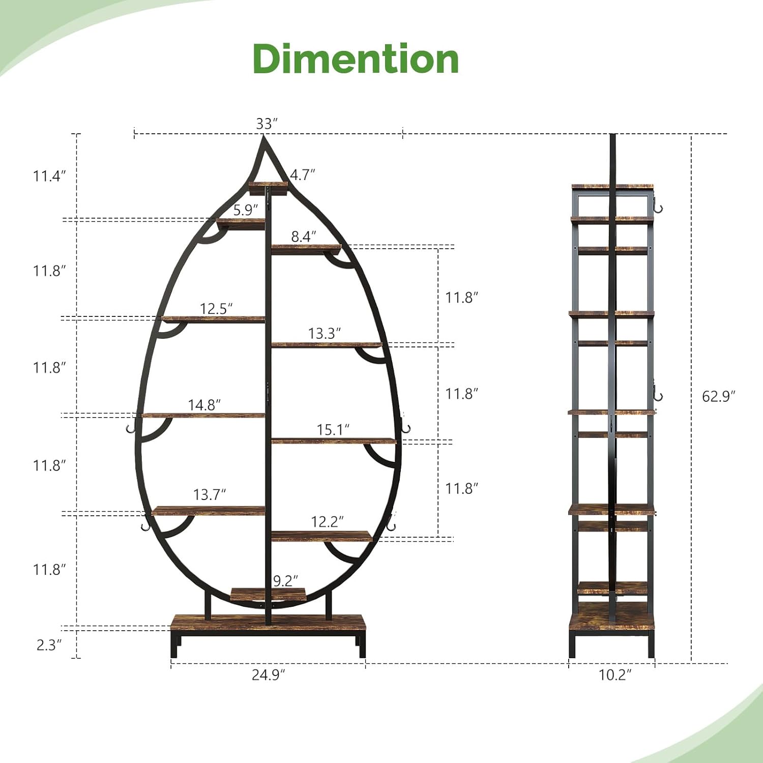 Detailed dimension diagram of the VINGLI leaf-shaped plant stand, showing height, width, and shelf depths.