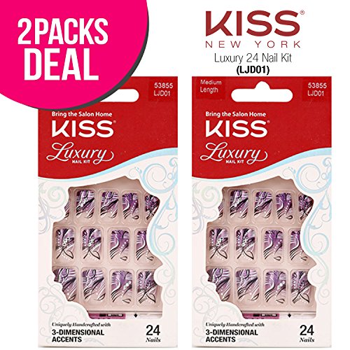 (2 PACK) Kiss Luxury 24 Nails in 10 Sizes (LJD01), Free Glue, False Nails, Fashion Fake Nails