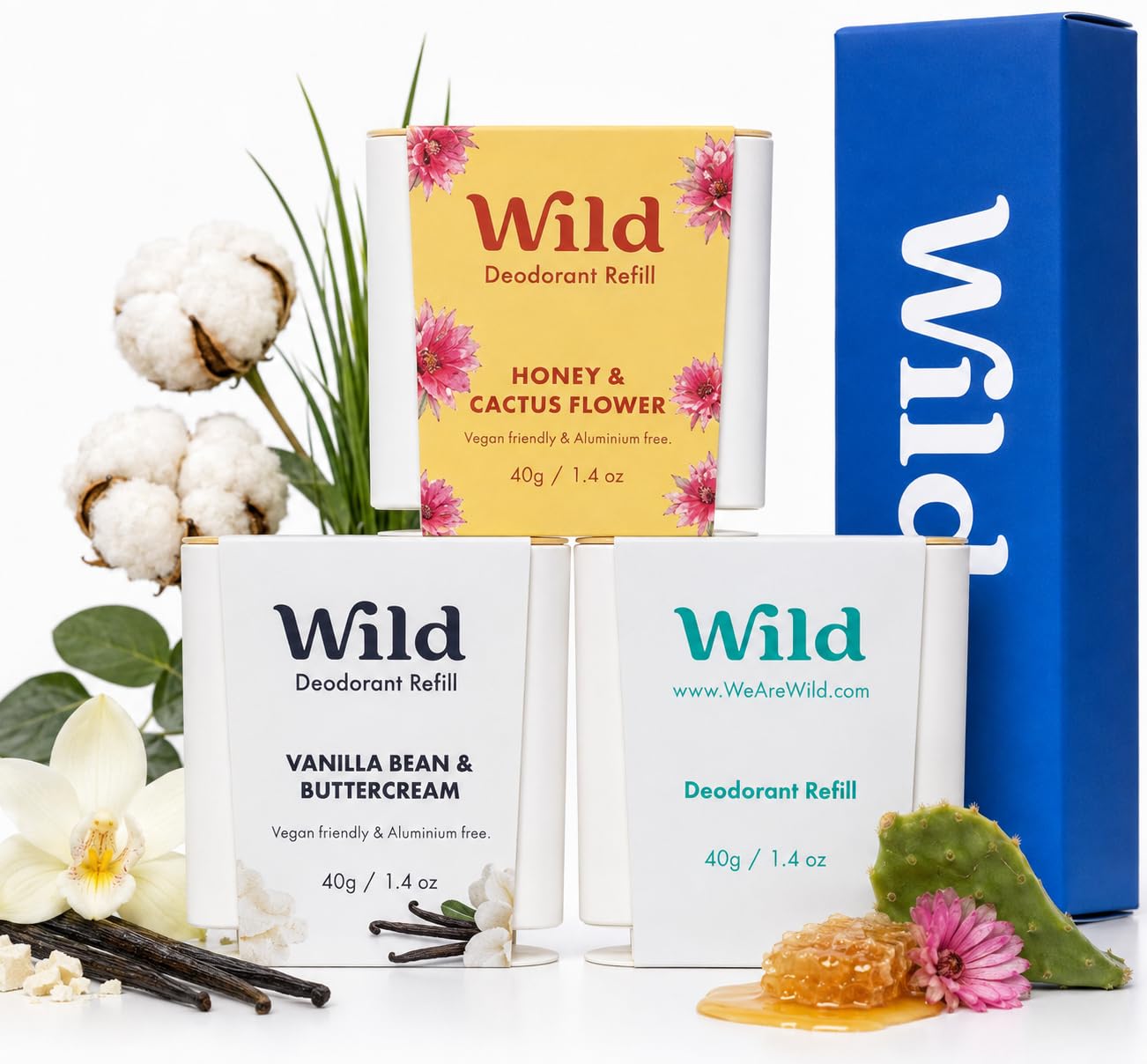 Wild Aluminium Free Natural Deodorant Refill Variety Pack - Includes Honey & Cactus Flower, Vanilla Bean & Buttercream and Fresh Cotton & Sea Salt Scents - Long Lasting 24 Hour Odour Protection