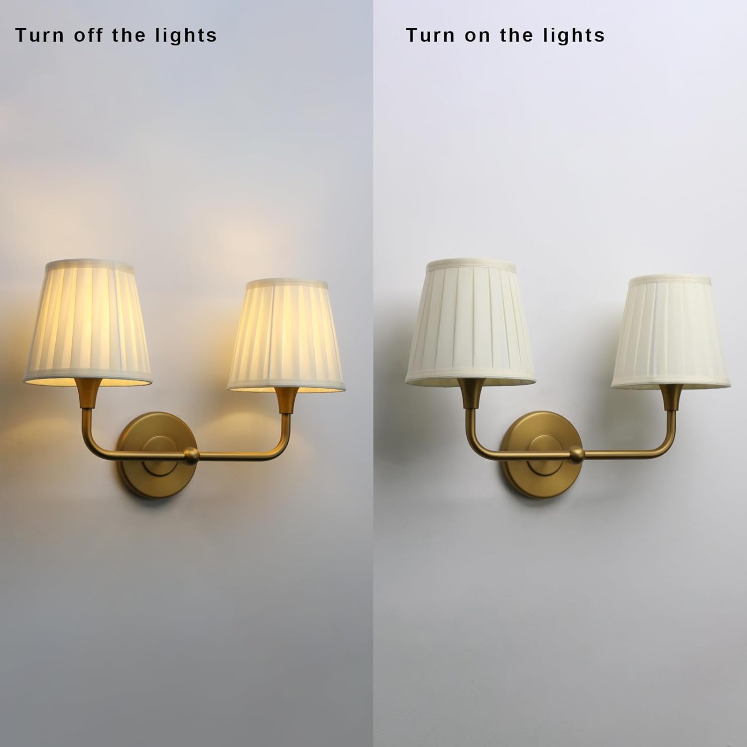 Yosoan 2-Light Brass Beige-yellow Pleated Fabric Shade Wall Sconce, Vanity Vintage Industrial Hardwired Indoor Boho Gold Wall Mounted with Cup Funnel Shade for Kitchen Living Room Staircase(Antique)